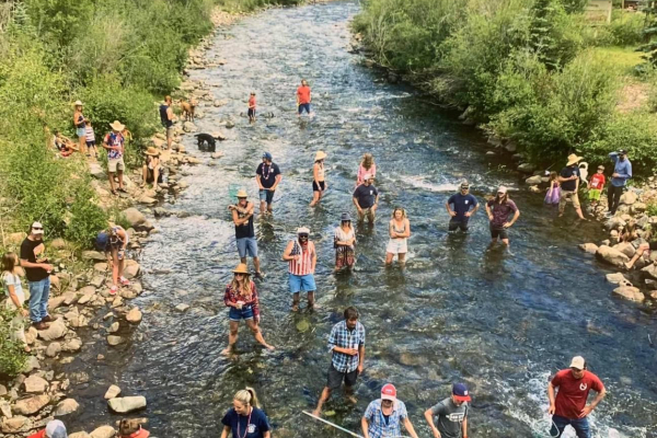 people catching rubber ducks in a river